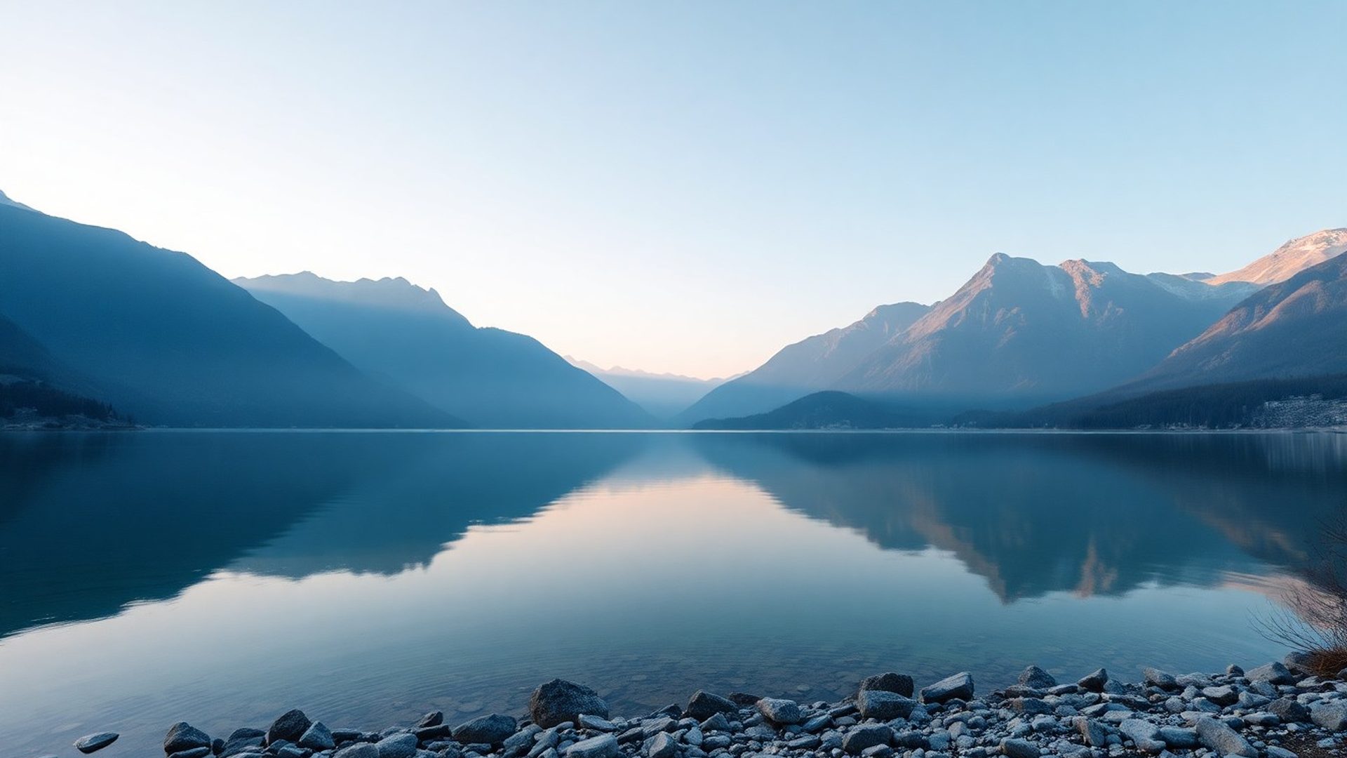 Mirno alpsko jezero ob zori, simbol dolgoročne stabilnosti